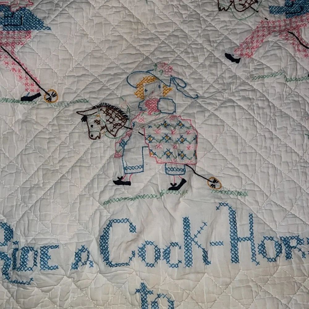 Embroidered Nursery Rhyme Quilt - White and Blue 44” x 36”